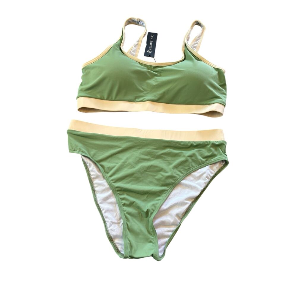 Tempt Me Women’s Large Green Tan 2 Piece Beach Athletic Swim Suit